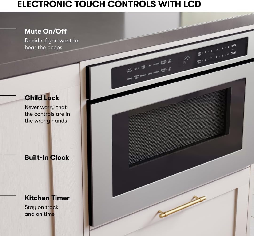 Zephyr 30 inch Built In Drawer Microwave Oven Under Cabinet - Integrated, Wall Mount, Under Counter Pull Out Microwave Drawer 1.2 cu ft, Preset Cooking Options, Easy Clean Coating, 1000W