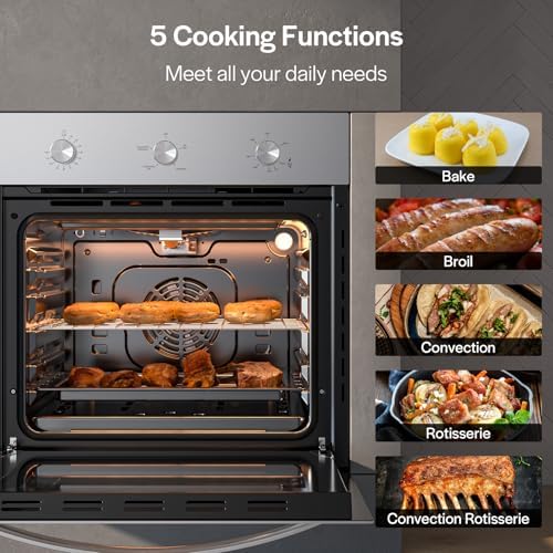 Empava 24 inch Built-In Gas Single Wall Oven with Convection and Rotisserie 5 Cooking Modes, Knob Control, Stainless Steel