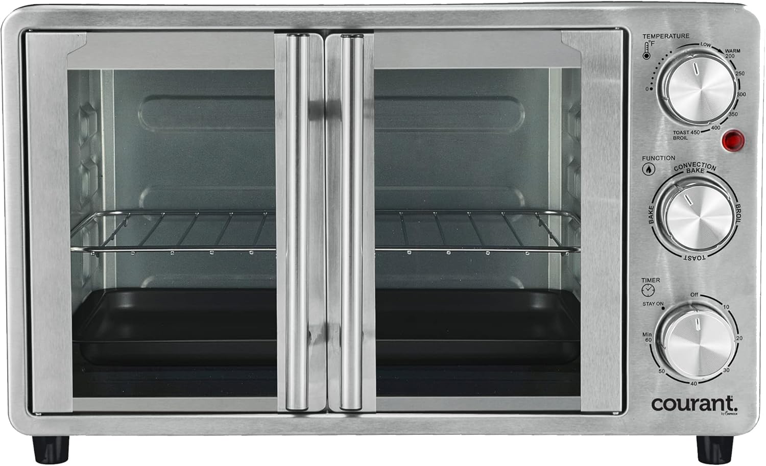 Courant French Door Convection Toaster Oven & Broiler, Bake Broil Toast Oven, Fits 9x13’’ Aluminum Baking Pan, 6-Slices, 10’’ Pizza, Convection Oven - Stainless Steel