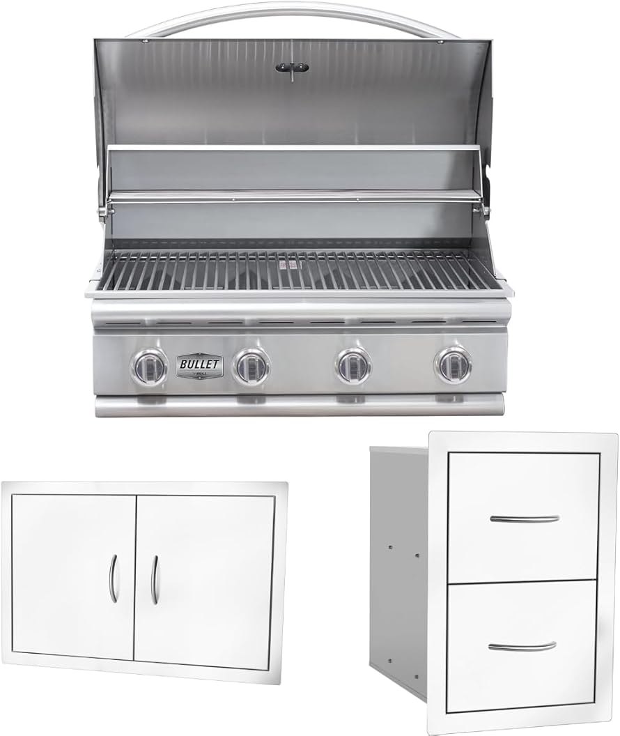 Bullet by Bull Stainless Steel Outdoor Kitchen Grill Set - Built-In Natural Gas Grill -BBQ Kitchen Island Bundle - Includes 4 Burner Grill, Double Access Door & Double Storage Drawer