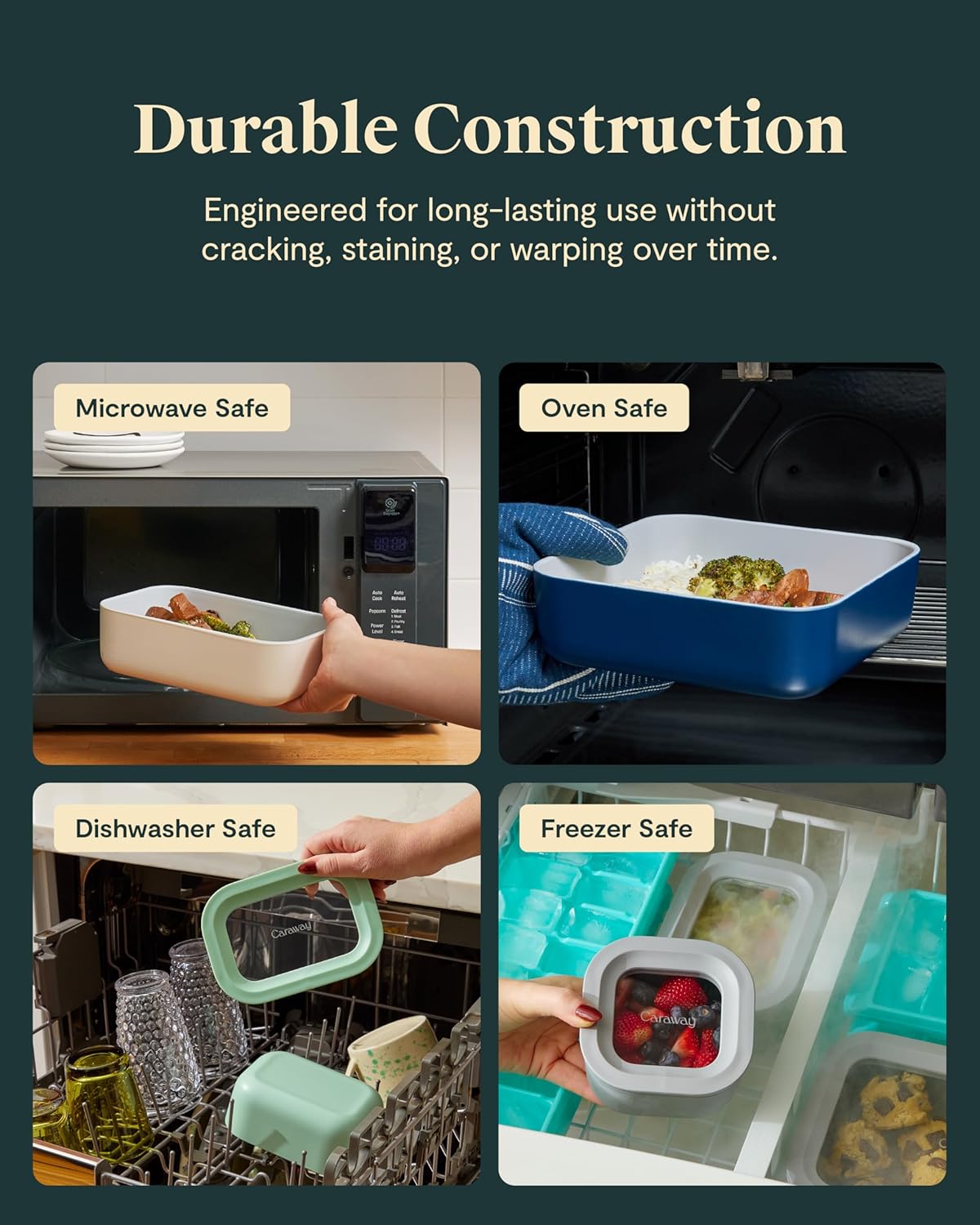 Caraway 3pc Glass Food Storage Set - 10, 6.6, & 4.4 Cup Containers - Ceramic Coated - Non-Toxic Non-Stick Lunch Box With Glass Lids - Dishwasher, Oven, & Microwave Safe - Gray