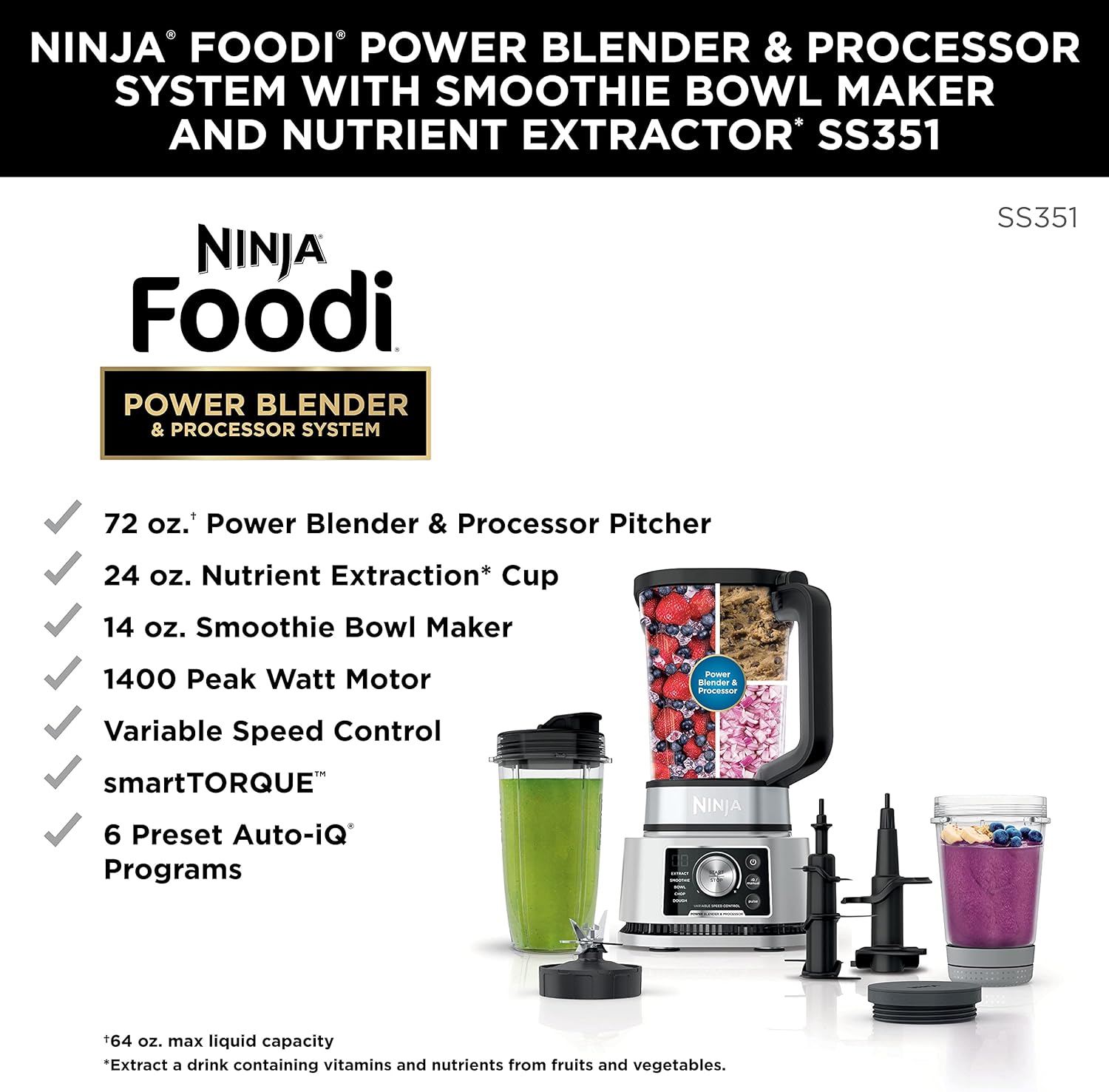 Ninja Foodi Power Blender & Processor System with Smoothie Bowl Maker and Nutrient Extractor, Black/Silver (SS351C) - Canadian Edition 72oz