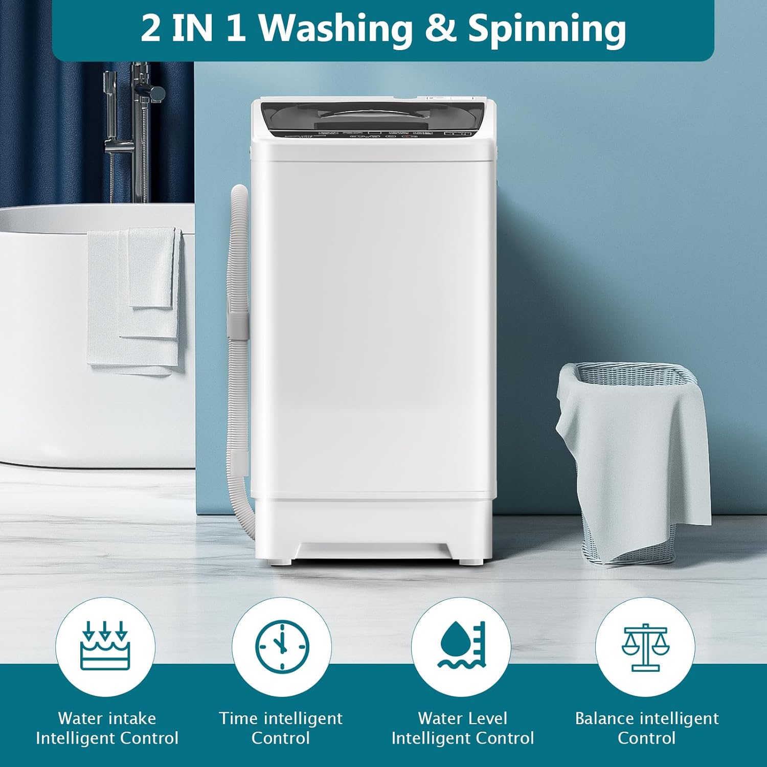 Portable Washing Machine, 16LBS Full Automatic Washer and Spinner, 10 Programs with Child Lock & Energy-Saving, Compact Laundry Wash Spin Dryer for Apartment RV Dorm Home