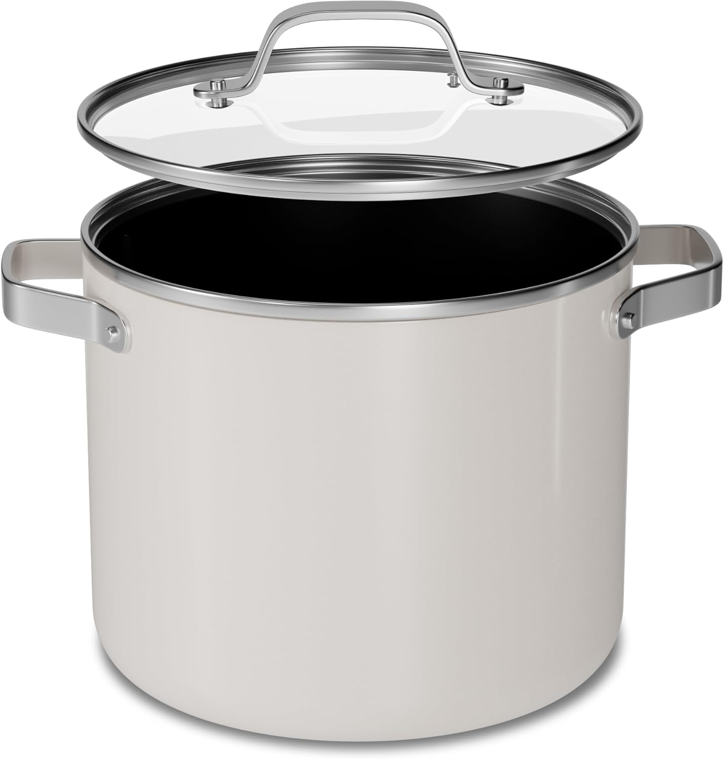 Bakken 8.5 Quart Ceramic Coated Stock Pot with Lid, Easy Clean Nonstick Pot, Tempered Glass Lid, Riveted Stainless Steel Handles, Oven Safe Up To 500°F, PTFE & PFAS Free, All Stove Compatible, Cream