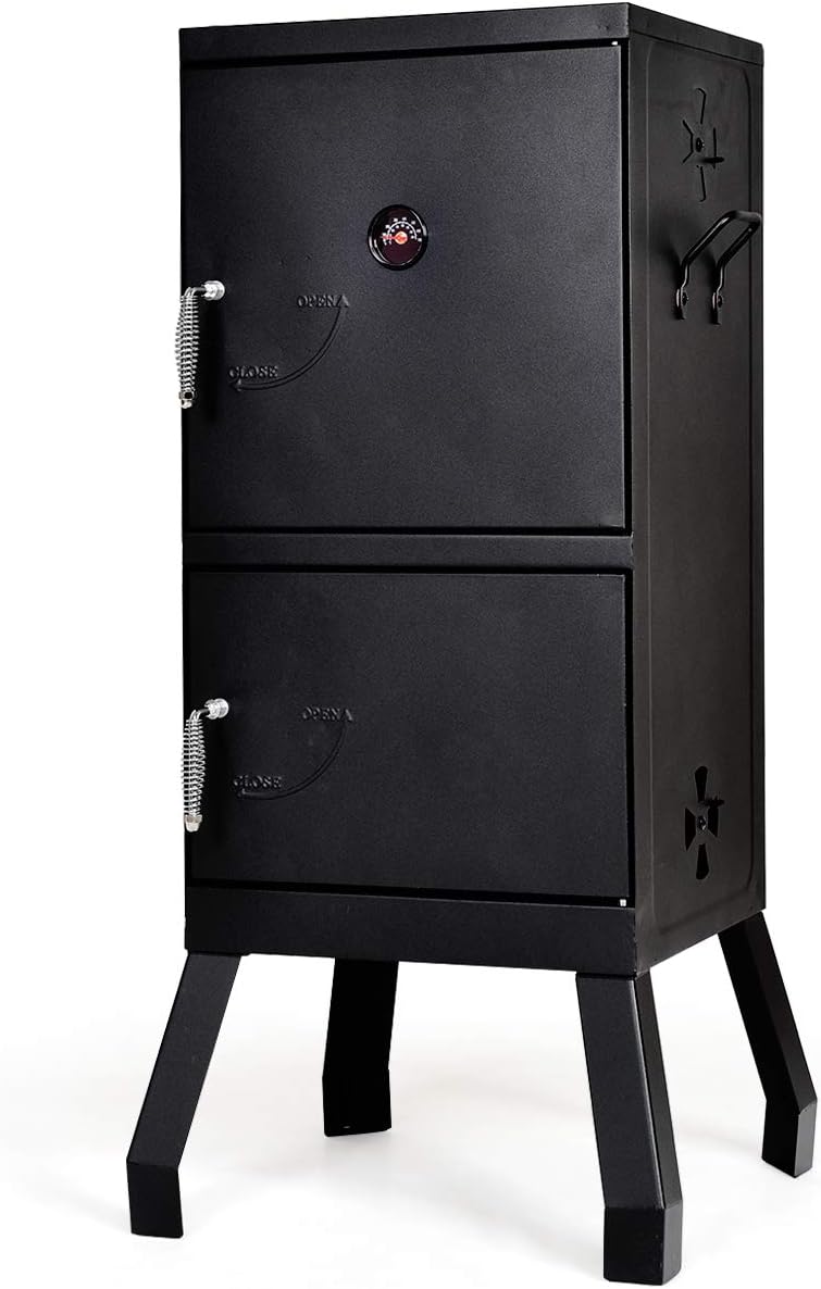 DORTALA Vertical Charcoal Smoker, Outdoors Charcoal Barbeque, Smoked Carbon Oven, Iron Structure, w/Two Chrome-plated Nets, Two Charcoal Pots, Suitable for Lawn Picnic, Backyard BBQ (Black)