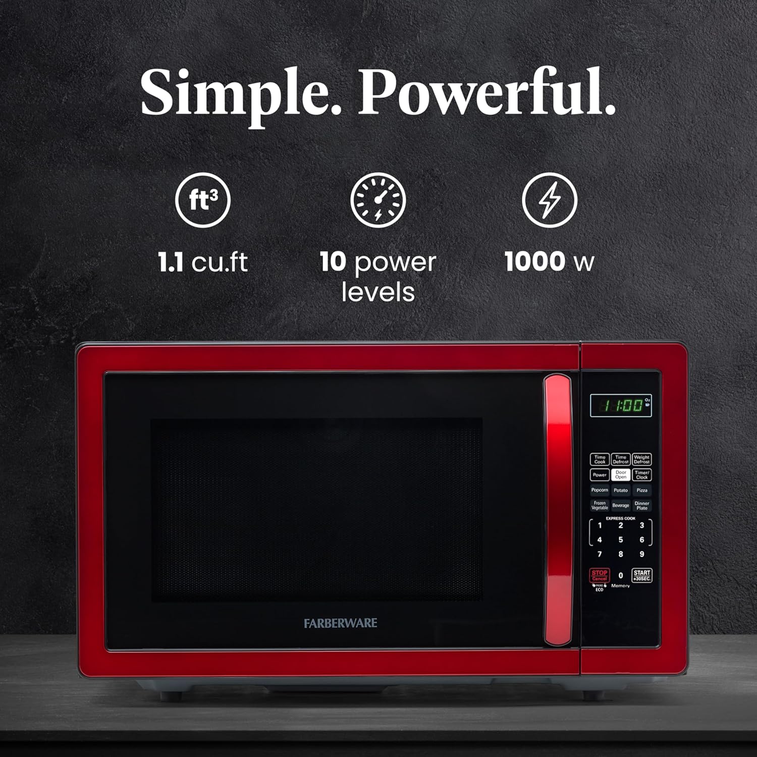 Farberware 1.1 Cu. Ft. Countertop Microwave Oven – 1000 Watts Power, Auto Cook Settings, Defrost, Easy Clean and Child Safety Lock - Metallic Red