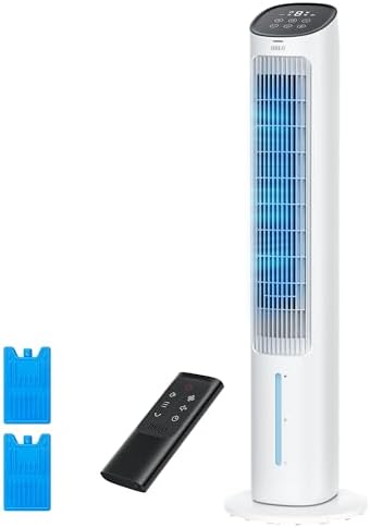 Dreo Evaporative Air Swamp Cooler, 40” Standing Fans that Blow Cold Air, 80° Oscillating Bladeless Cooling Fan for Bedroom, Removable Water Tank, Ice Packs, Remote Control, 4 Speeds, 7H Timer, White