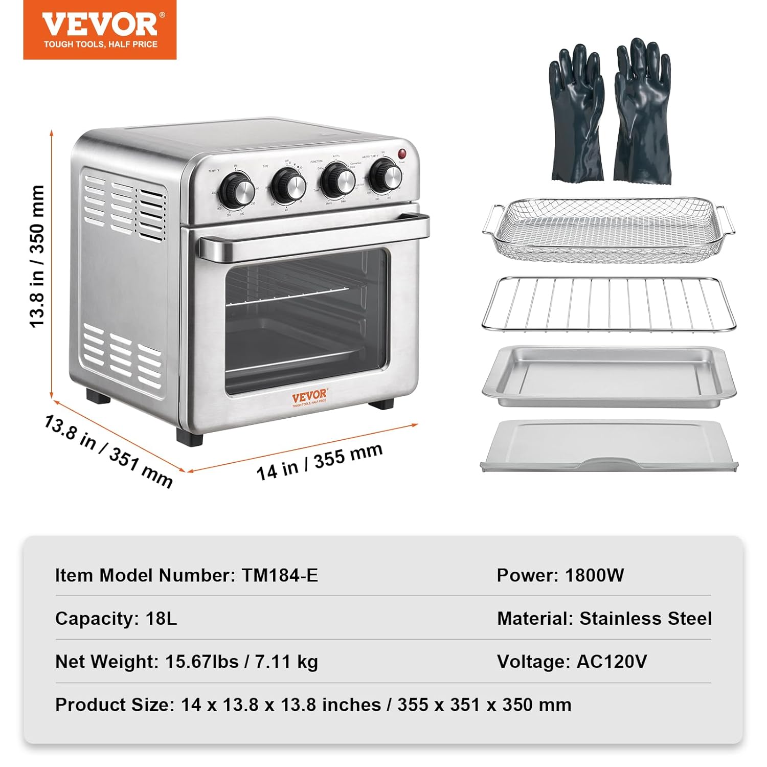 VEVOR 7-IN-1 Air Fryer Toaster Oven, 18L Convection Oven, 1800W Stainless Steel Toaster Ovens Countertop Combo with Grill, Pizza Pan, Gloves, 6 Slices Toast, 10-inch Pizza, Home Use