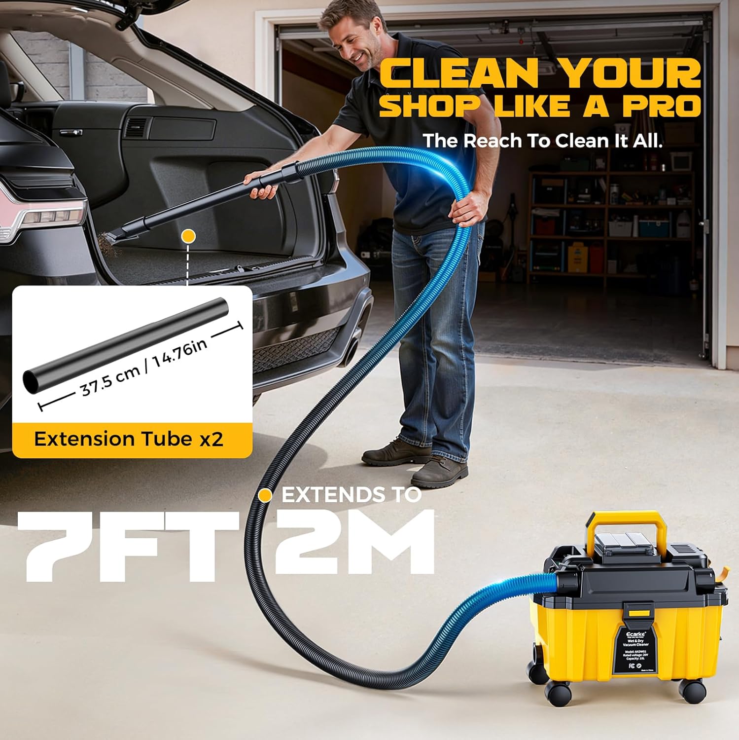 Ecarke 2.5 Gal Cordless Wet Dry Vacuum Compatible with DeWalt 20V Battery, 3-in-1 Shop Vac with Washable HEPA & Brushless Motor, 15KPa Suction, 4 Attachments for Garage Car Workshop (Tool Only)