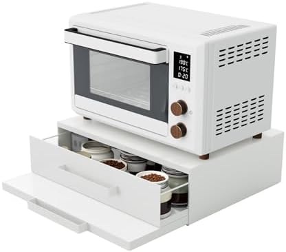 Steel Microwave Stand with Pull-Out Drawers & Shelves | Countertop Organizer for Compact Microwaves, Coffee Station & Kitchen Appliance Storage (White+Drawer+Shelf)