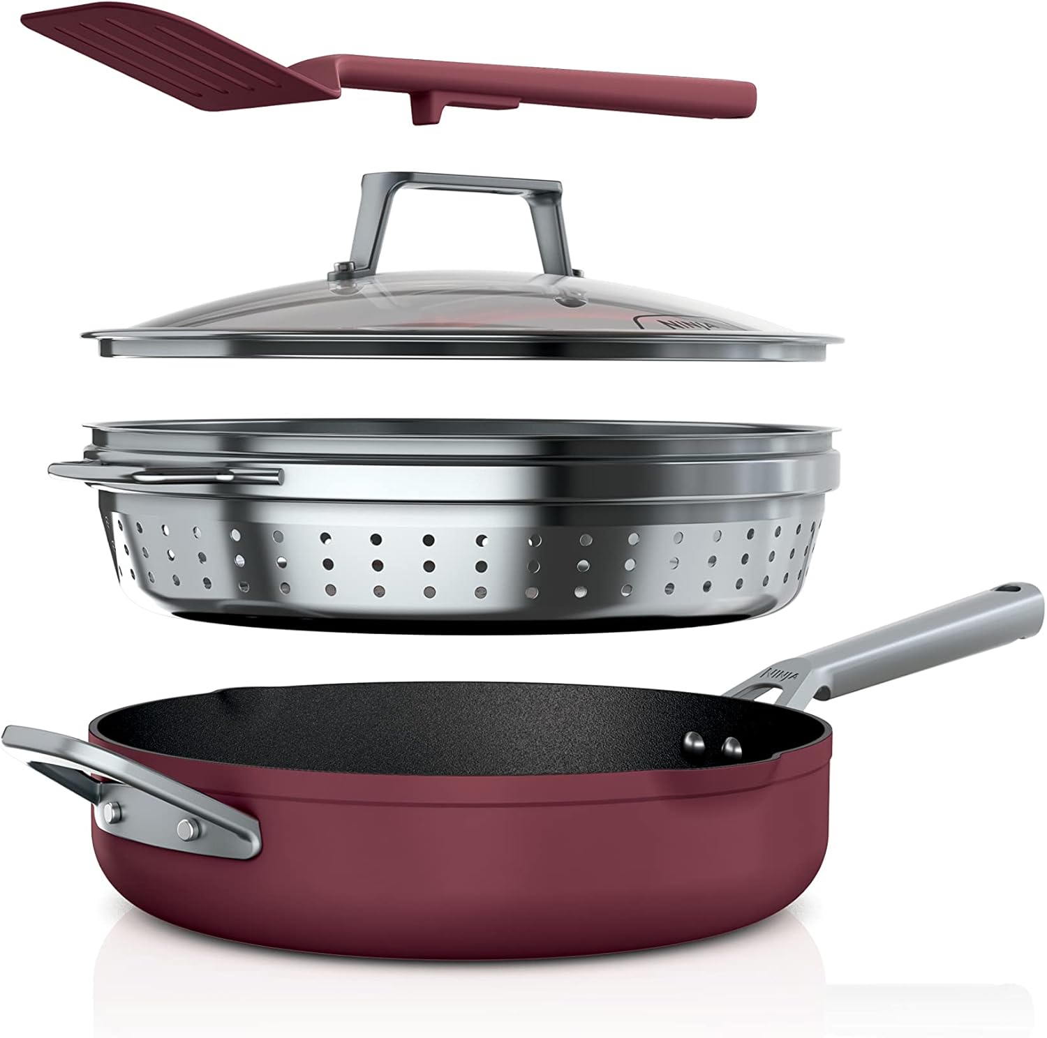 Ninja, Cookware, Steamer, Strainer Basket, Glass Lid and Spatula, Foodi NeverStick PossiblePan, Premium Set with 4-Quart Capacity Pan, Nonstick, Durable, Oven Safe Cookware, Cherry Tart, CW102RD