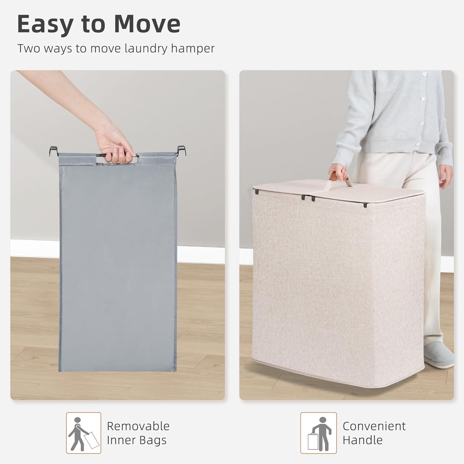 STORAGE MANIAC Double Laundry Hamper, 136L Laundry Sorter with Lid and Removable Bags, Clothes Hamper, Large 2 Section Clothes Basket with Handles for Small Space, Dorm, Closet, Bathroom, Beige