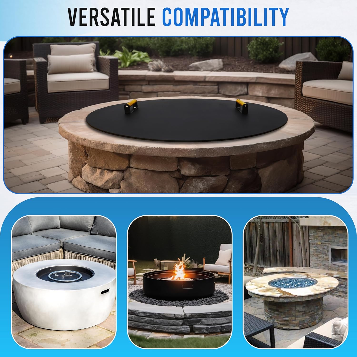 34-Inch Round Fire Pit Lid – Metal Cover with Wooden Handles, Weather-Resistant Snuffer for Bonfire & Propane Fire Pits, Doubles as Outdoor Table