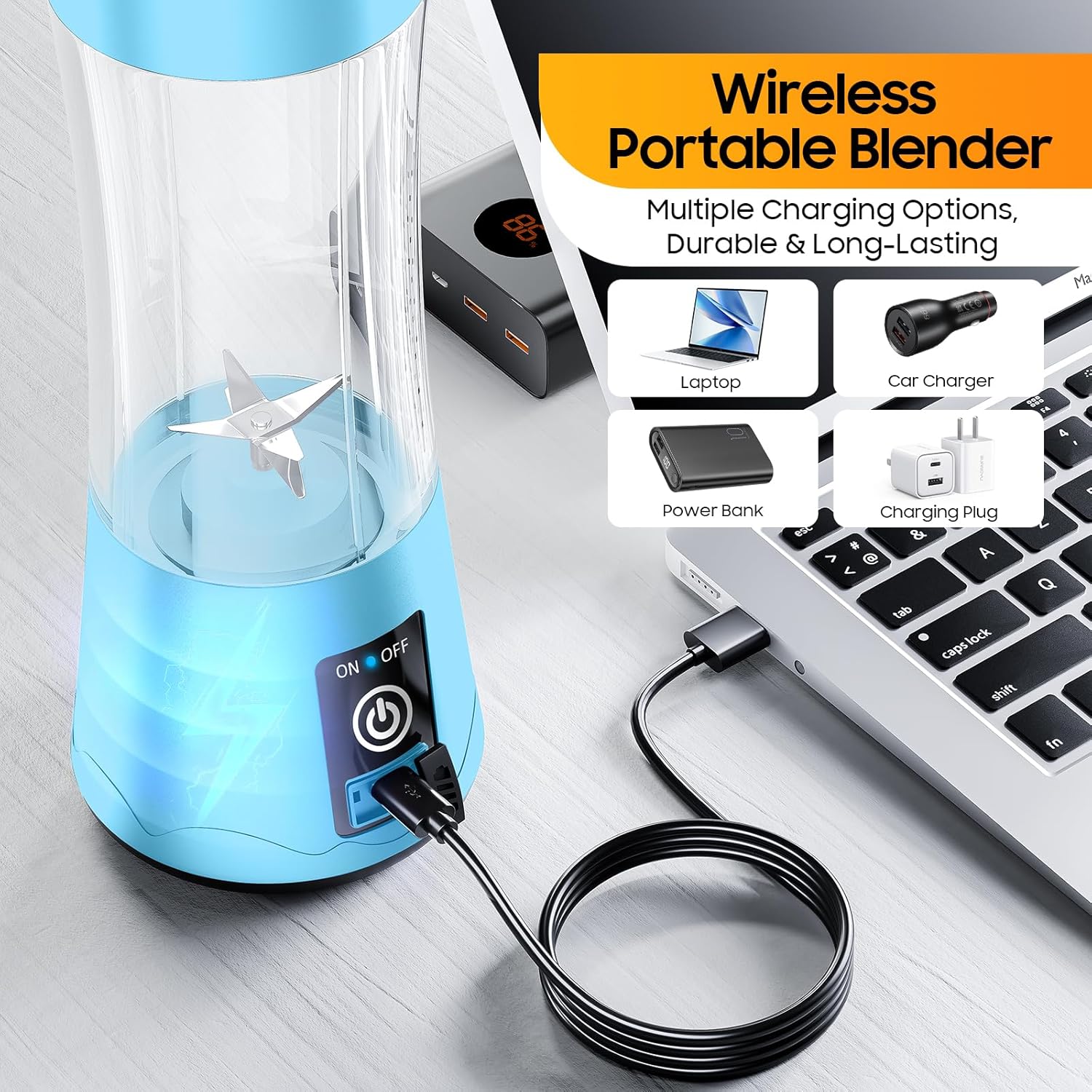Cordless Mini Blender Make Smoothies & Shakes - Portable Blender with 380ML BPA-Free Travel Cup, USB Rechargeable, Easy to Clean, Suit in Gym/Office