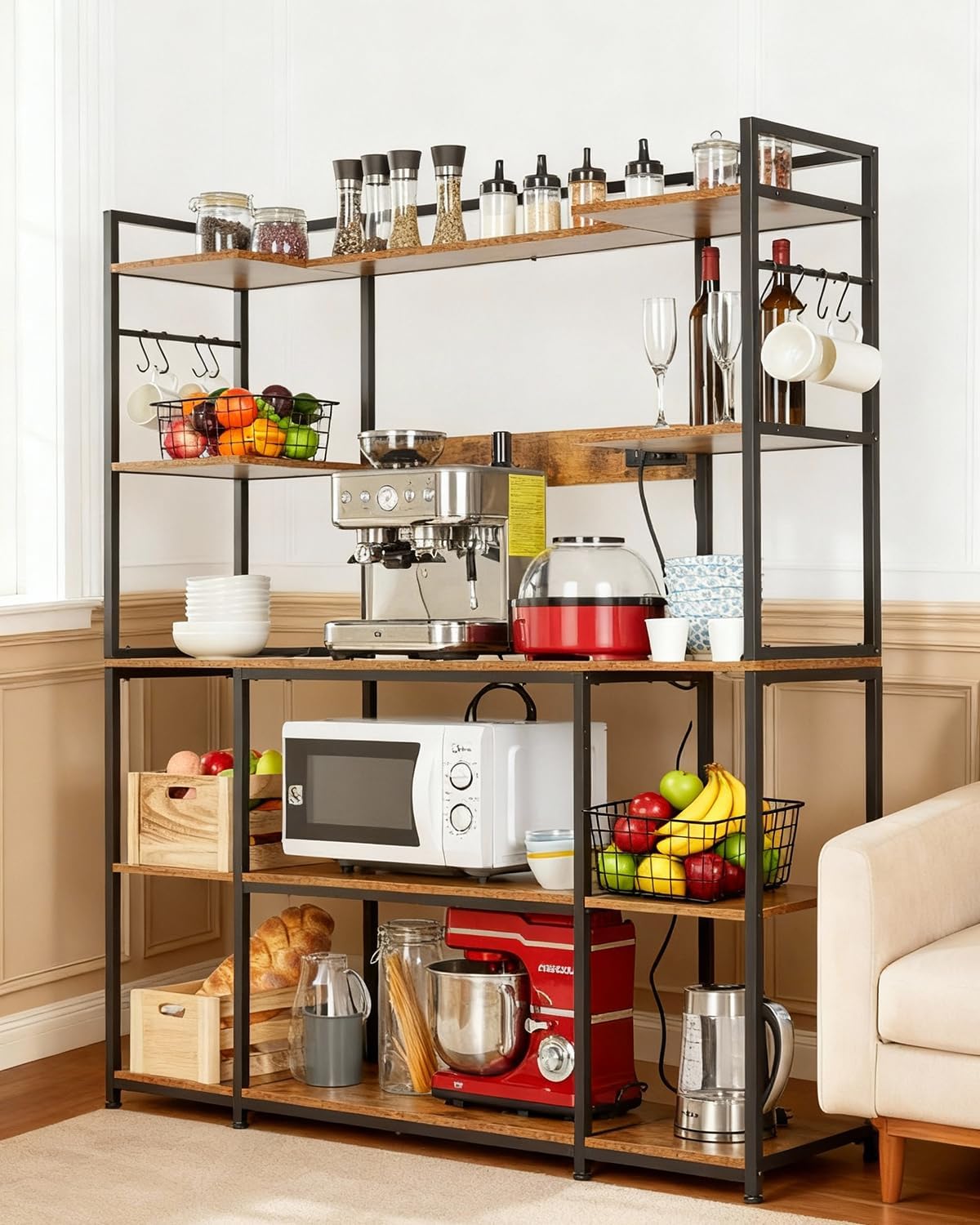 Garvee Kitchen Bakers Rack with Power Outlet 55 * 66inch, Microwave Oven Stand with Storage 4 Tiers, Coffee Bar Table with 6 S Hooks, Kitchen Storage Shelf Rack for Spices, Pots, Rustic Brown