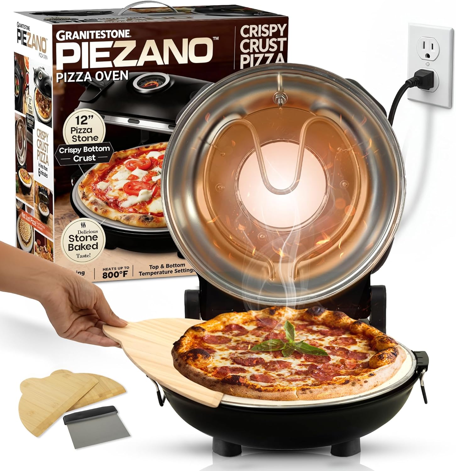 PIEZANO Crispy Crust Pizza Oven by Granitestone – 12 Inch Electric Pizza Oven Indoor Countertop Maker with Ceramic Stone Heats up to 800˚F for Stone Baked Pizzeria Style at Home As Seen on TV Products