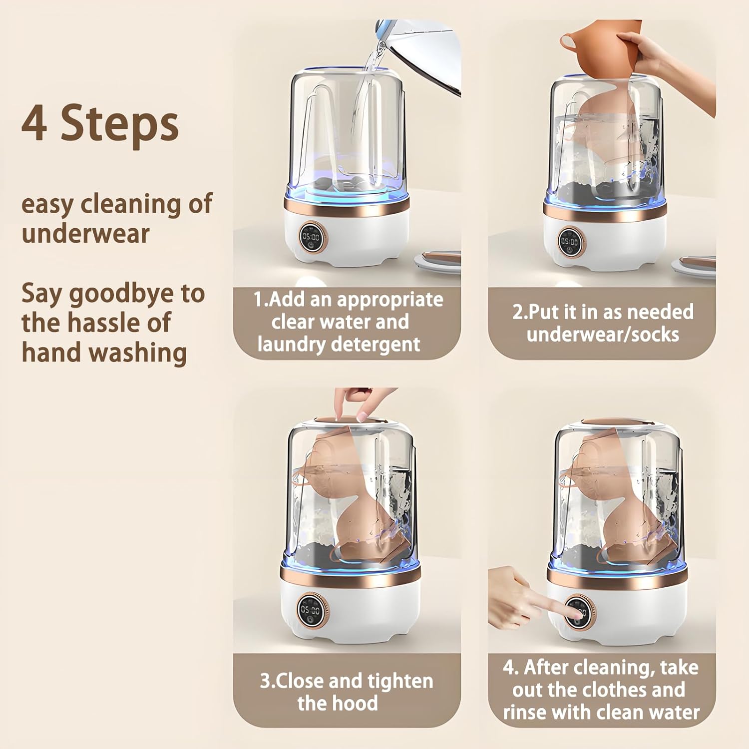 Portable Underwear Washing Machine, With Three Cleaning Modes&LED Smart Display, 2L Capacity Mini Laundry Machine, For Apartments Dorm RV Travel(Size:6.02 * 6.02 * 9.05in,Color:Khaki)