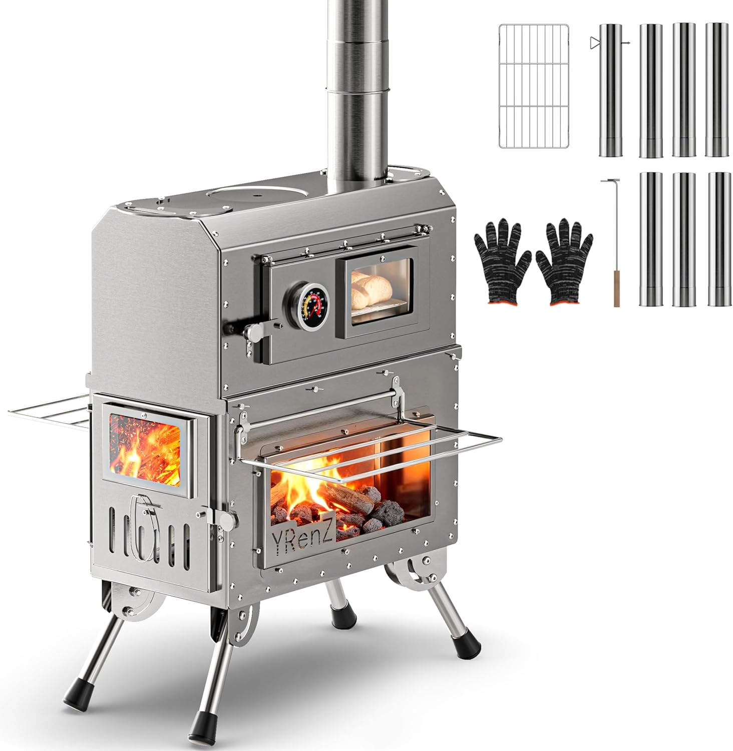 Tent Stove Wood Stove with Oven – 2-in-1 Dual-Use Outdoor Camping Oven for Tent Cooking, Stainless Steel High Temperature Stove, Glass Door, Anti-Slip Feet, Full Accessories