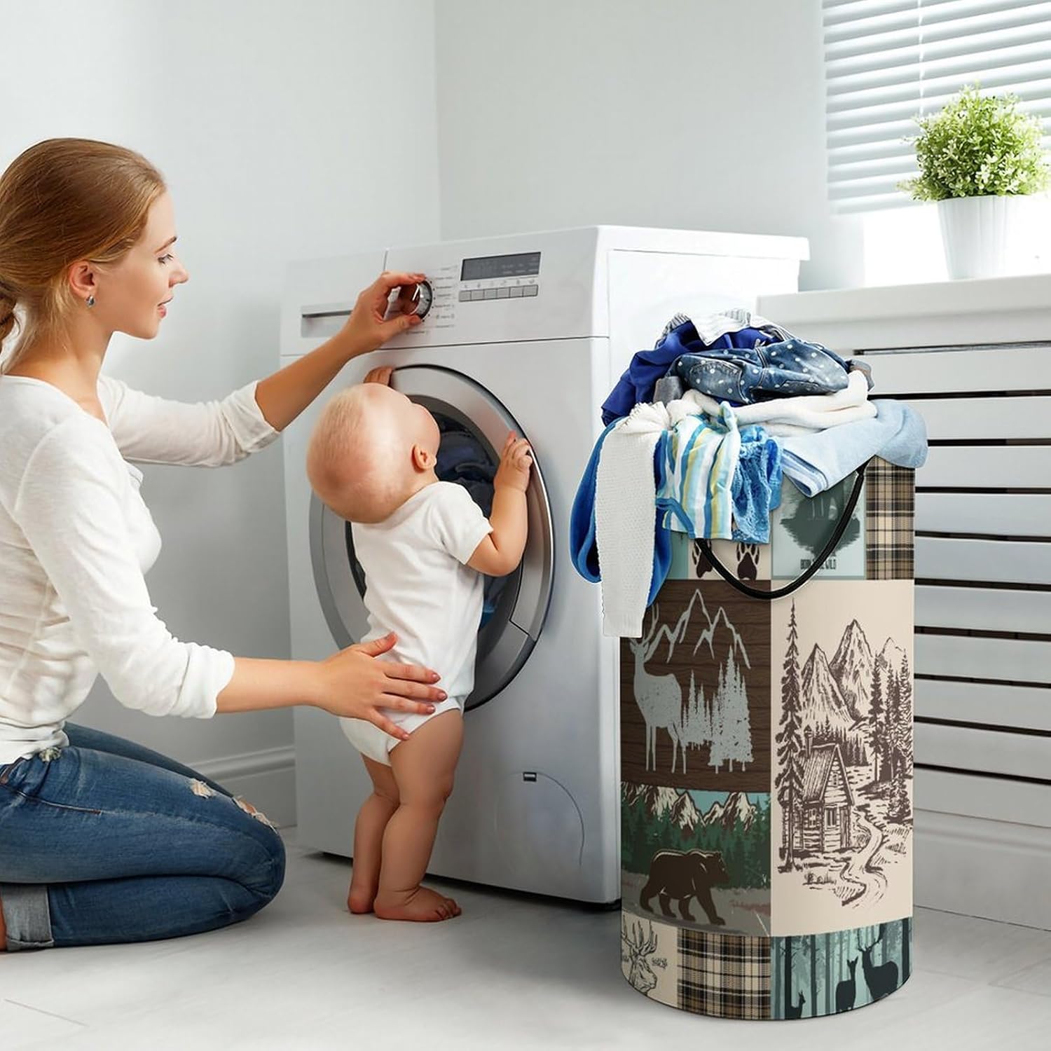 Rustic Hunting Theme Plaid Bear Laundry Hamper Dirty Clothes,Cabin Forest Cabin Animal Bear Elk Deer Large Laundry Basket Storage Basket For Bathroom 15.7W