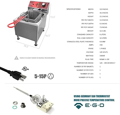 EGGKITPO Deep Fryer with Basket Commercial 12L Electric Countertop Fryer Stainless Steel Deep Fryers for Restaurant Home Use with Extra Large Frying Basket and Lid, 120V, 1800W