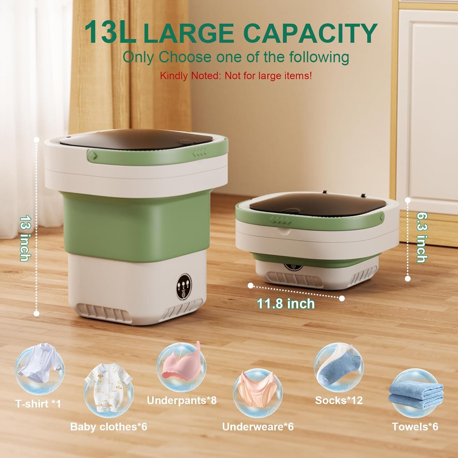 𝗨𝗽𝗴𝗿𝗮𝗱𝗲𝗱 13L Portable Washing Machine, Large Capacity Foldable Mini Washer and Spin Dryer with Deep Cleaning of Underwear, Baby Clothes and Small Clothes for Apartments, Dorm,RV, Travel