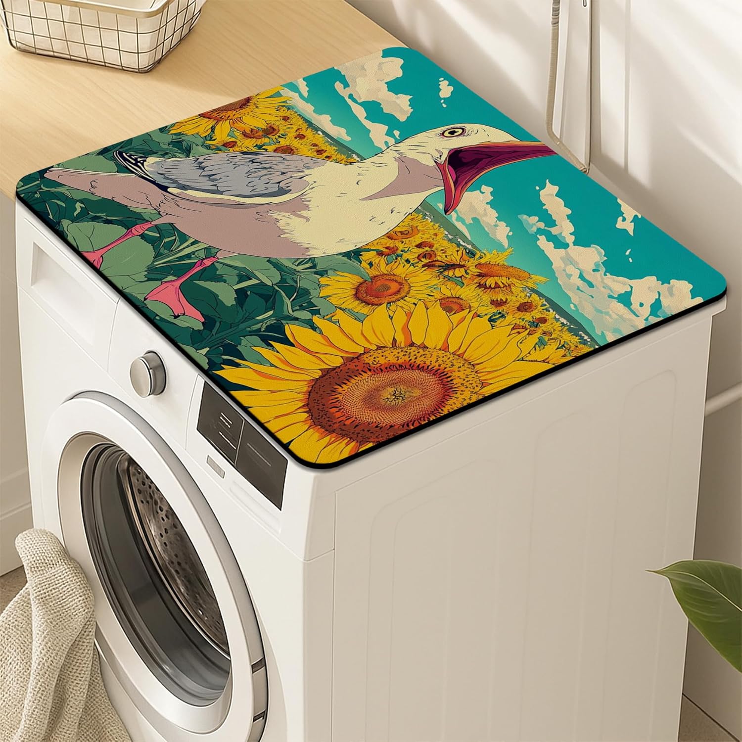 Sunflower Washer Dryer Top Protector Mat, Vintage Artistic Floral Laundry Machine Covers, Seasonal Rubber Anti-slip Waterproof Washer And Dryer Mats for Home 24x24 Inch