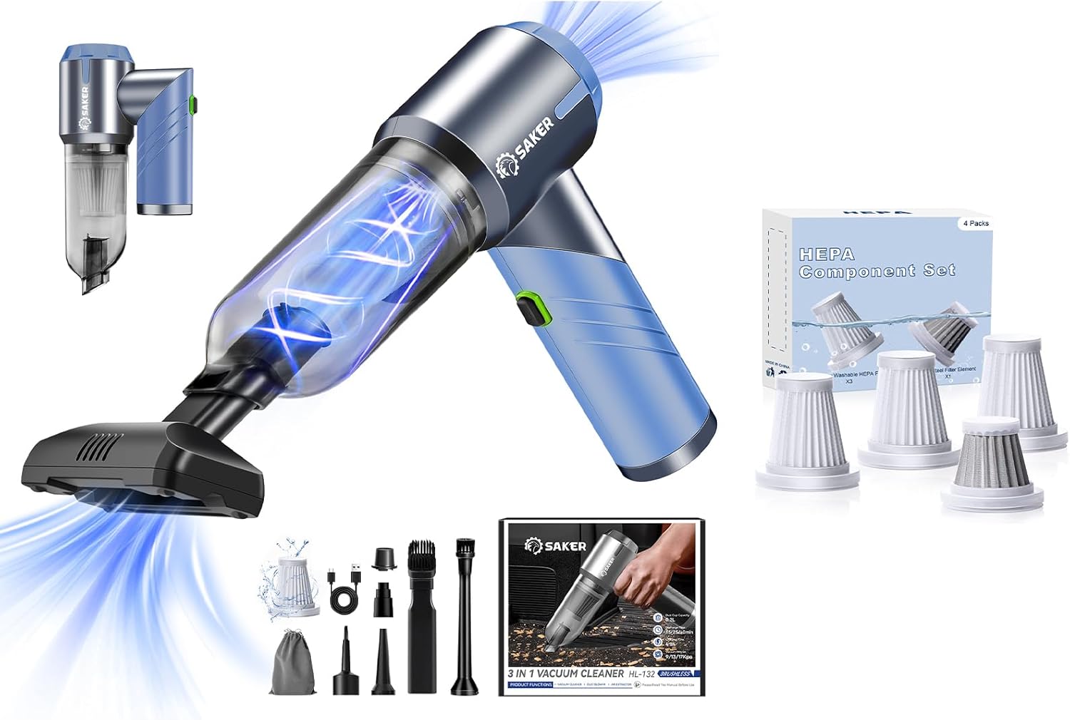 Saker Car Vacuum Portable Cordless17000PA HL132 Blue with 3 HEPA Filter and 1 Steel Filter
