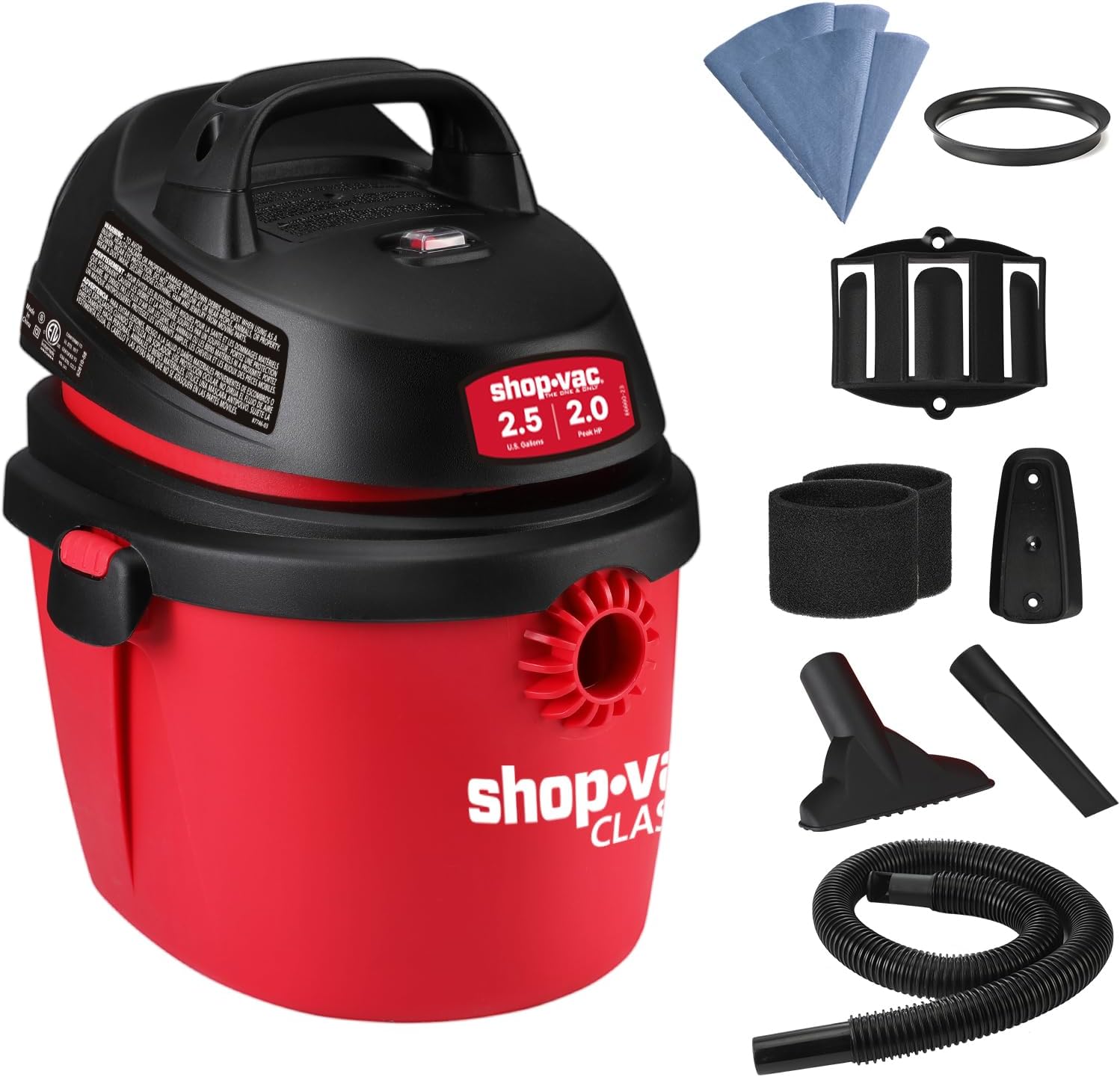Shop-Vac 2.5 Gallon 2.0 Peak HP Wet/Dry Vacuum, Portable Compact Shop Vacuum with Top Handle, Wall Bracket & Attachments