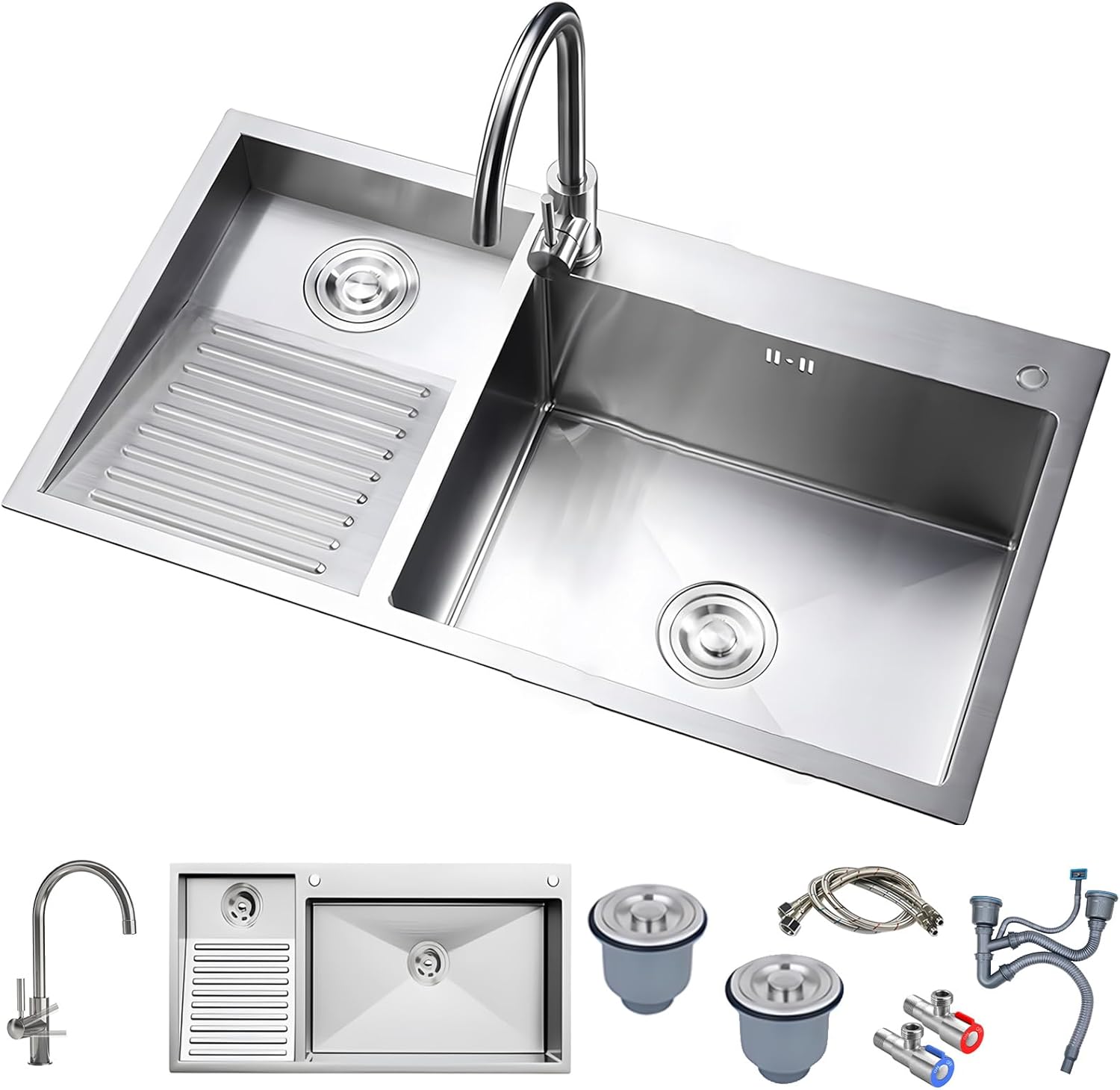 900mm/35.4Inch Laundry Utility Sink With Washboard Stainless Steel Kitchen Sink with Faucet Household Pool Balcony Room Wash Basin Easy Clean Double-Bowl
