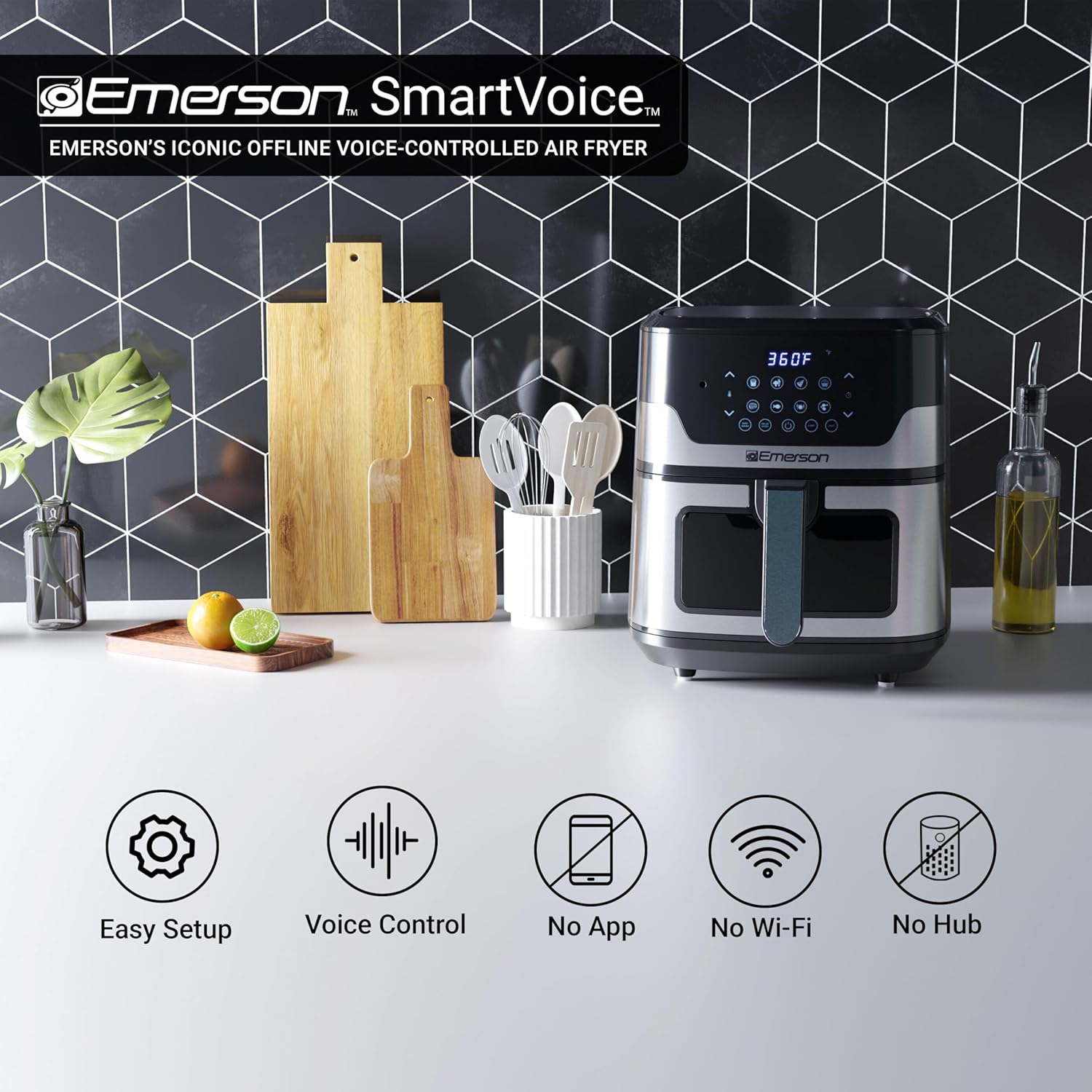 Emerson SmartVoice 5.3QT 6-in-1 Air Fryer, 1000+ Voice Control Commands, 100+ Recognized Food, No APP, No WIFI, No Setup, Nonstick Basket, Air Fry, Bake, Reheat, Dehydrate, 1500W