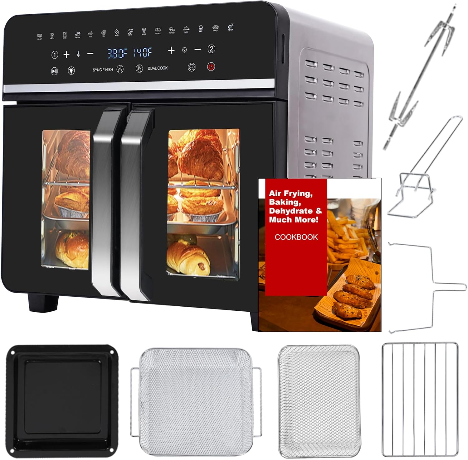 24Qt Large Air Fryer Toaster Oven Combo - French Double Door Airfryer, 15 Cooking Functions Touch Dual Zone Independent Control Electric Oven, Stainless Steel Air Fryers Oven 13 Accessories & Cookbook