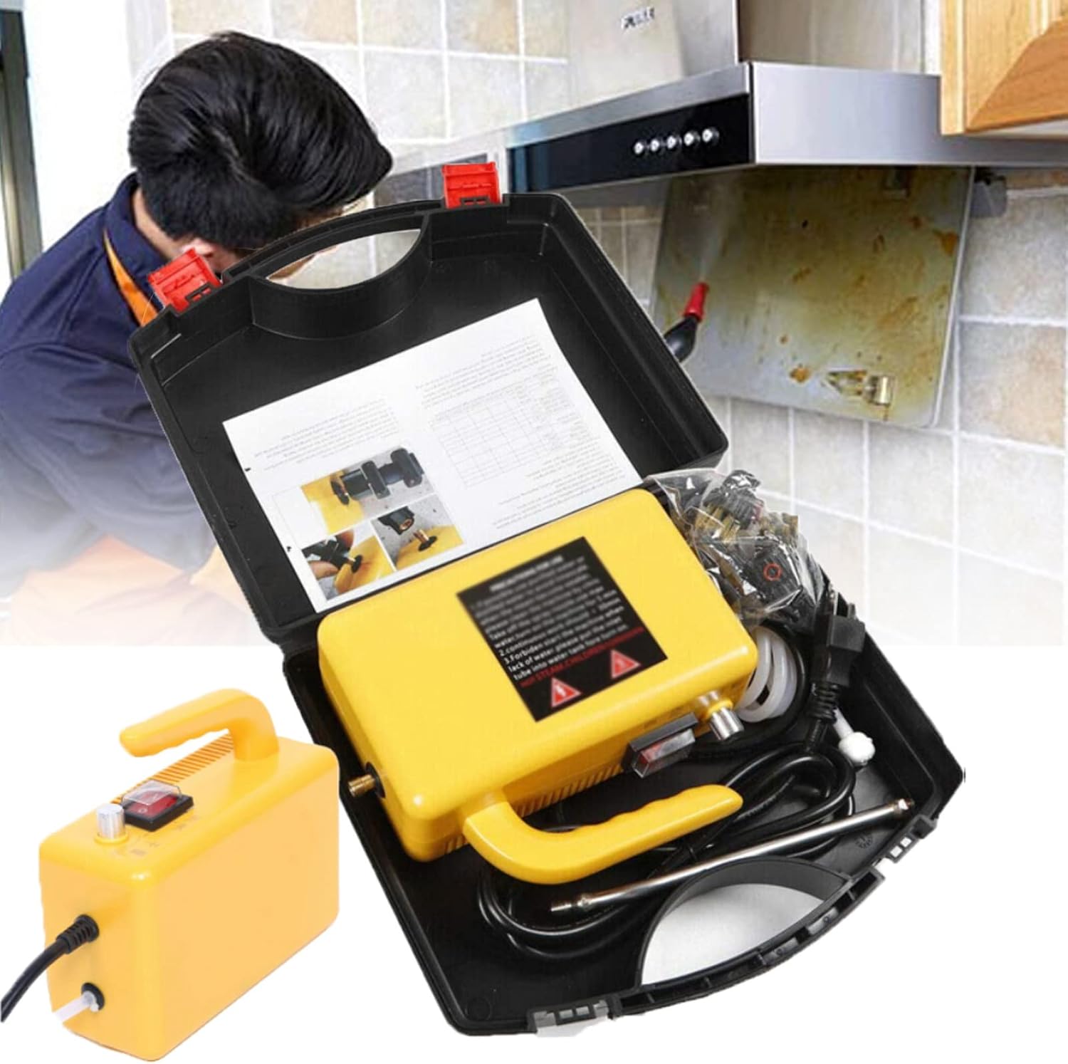 High Temperature Pressurized Steam Cleaner Handheld Steam Cleaner 3Bar Multi-Surface Tools Included to Remove Dirt, Grime, Grease, and More,110v-Black