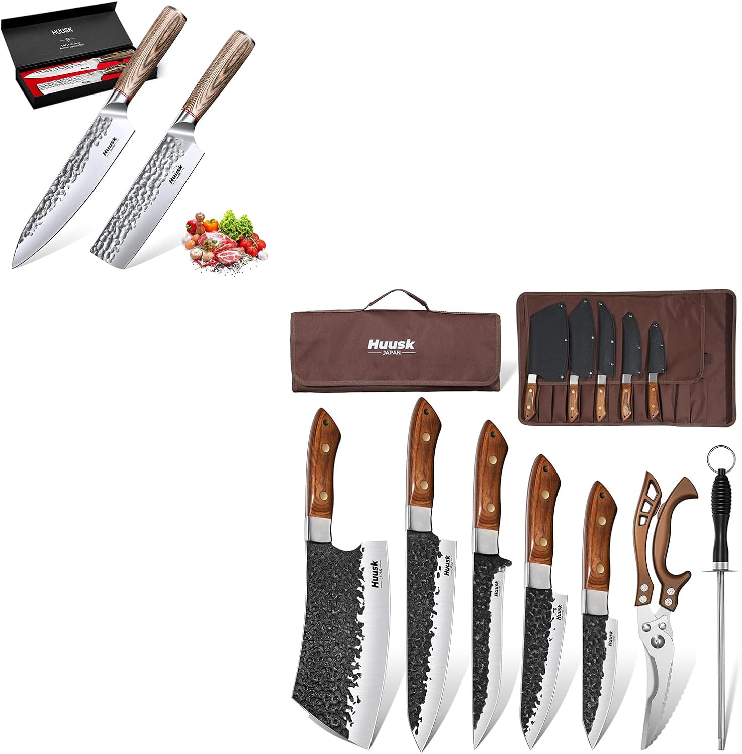Huusk Butcher Knife Set of 7 Bundle with Japanese Kitchen Knife Set - 2-Piece