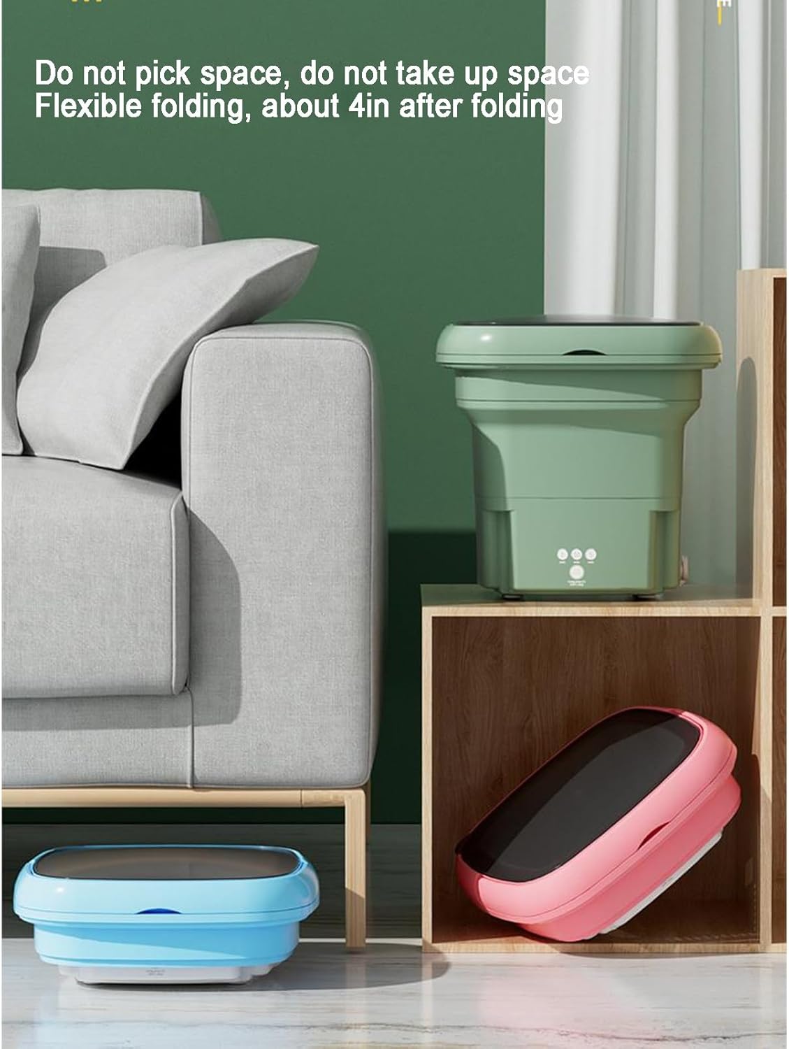 THAMBA 3 L Small Portable Mini Folding Washing Machine, Travel, Work Out, Camping, Apartment Necessities, Washable Socks, Small Laundry (Color : Green+Blue Light)