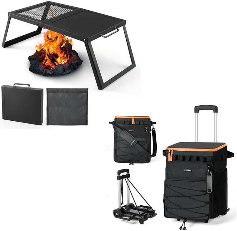Odoland Bundle - 2 Items Folding Campfire Grill and 48 Cans Soft Cooler with Wheels and Handle