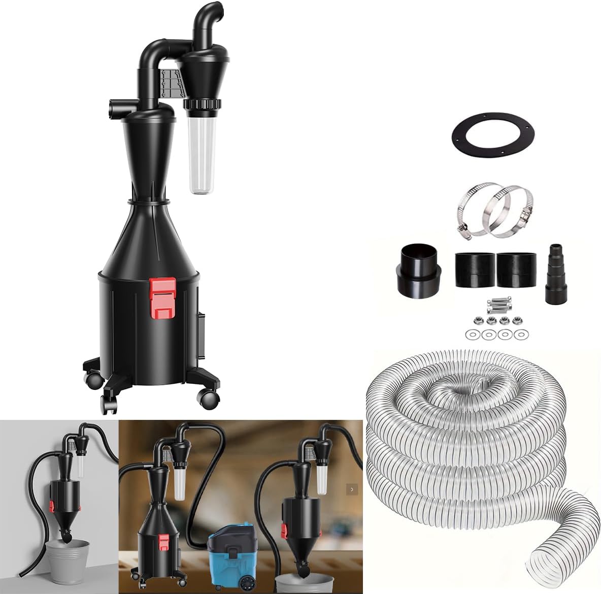 2 in 1 Cyclone Dust Collector Separation Vacuum Cleaner Wall Mounted Wheeled Modes Dust Collector Woodworking Tools Contractor Polish Pollen Ash etc Focusing Small Dust (Whole Rocket Set)