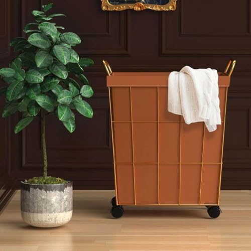 Laundry Basket Iron Wire Laundry Hamper on Wheels Rolling Laundry Basket w/Leather Liner Bag & Handle Gold Metal Frame Laundry Sorter for Bedroom Balcony (White 38x28x54cm) (Blue 38x28x54cm)