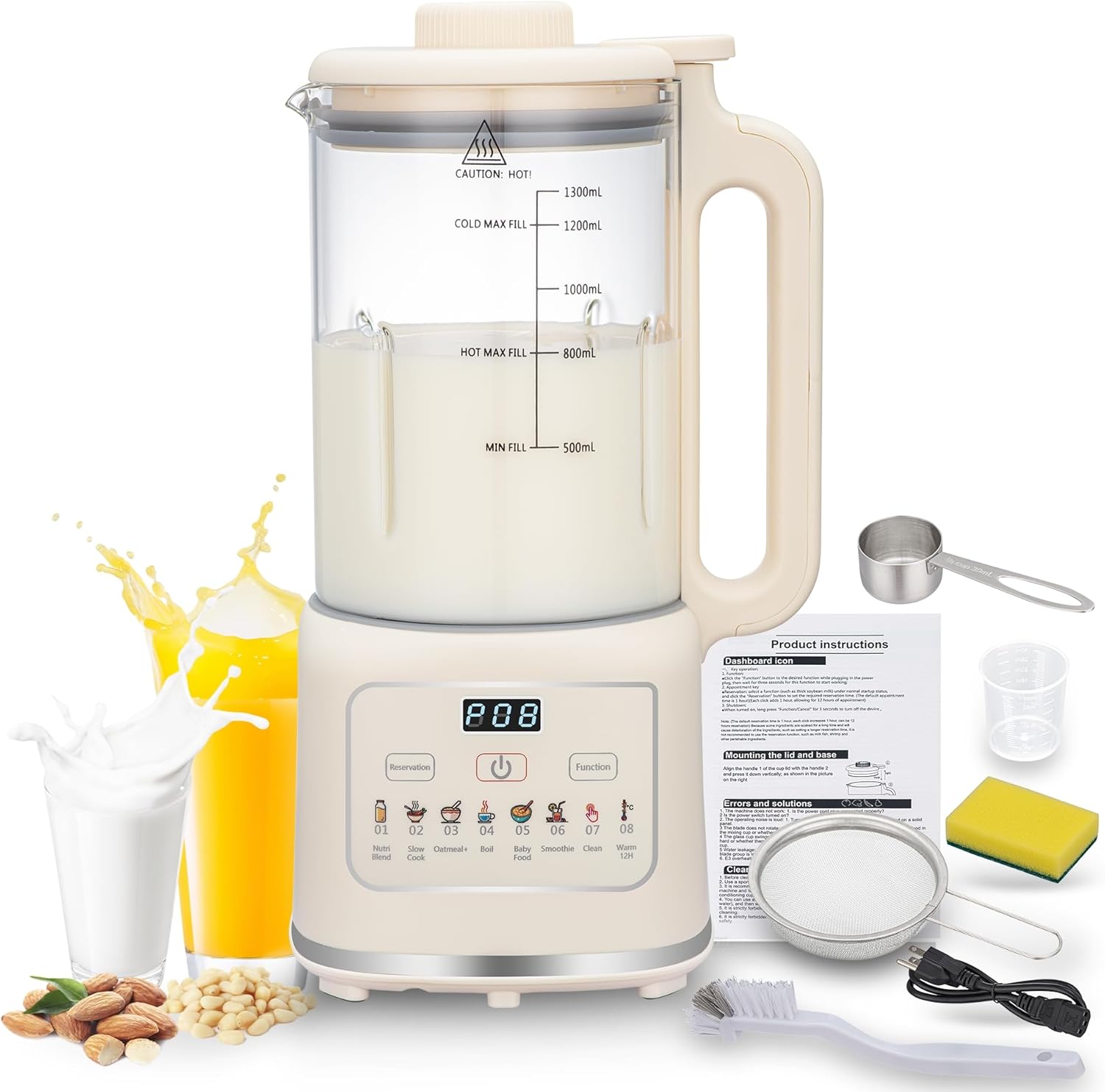 8 in 1 Nut Milk Maker Blender With 20 Bladers,40oz Soy, Almond, Oat, Coconut, Plant Based and Non Dairy Beverages, Automatic Soybean Machine With Delay Start/Keep Warm/Boil Water/Auto-clean.