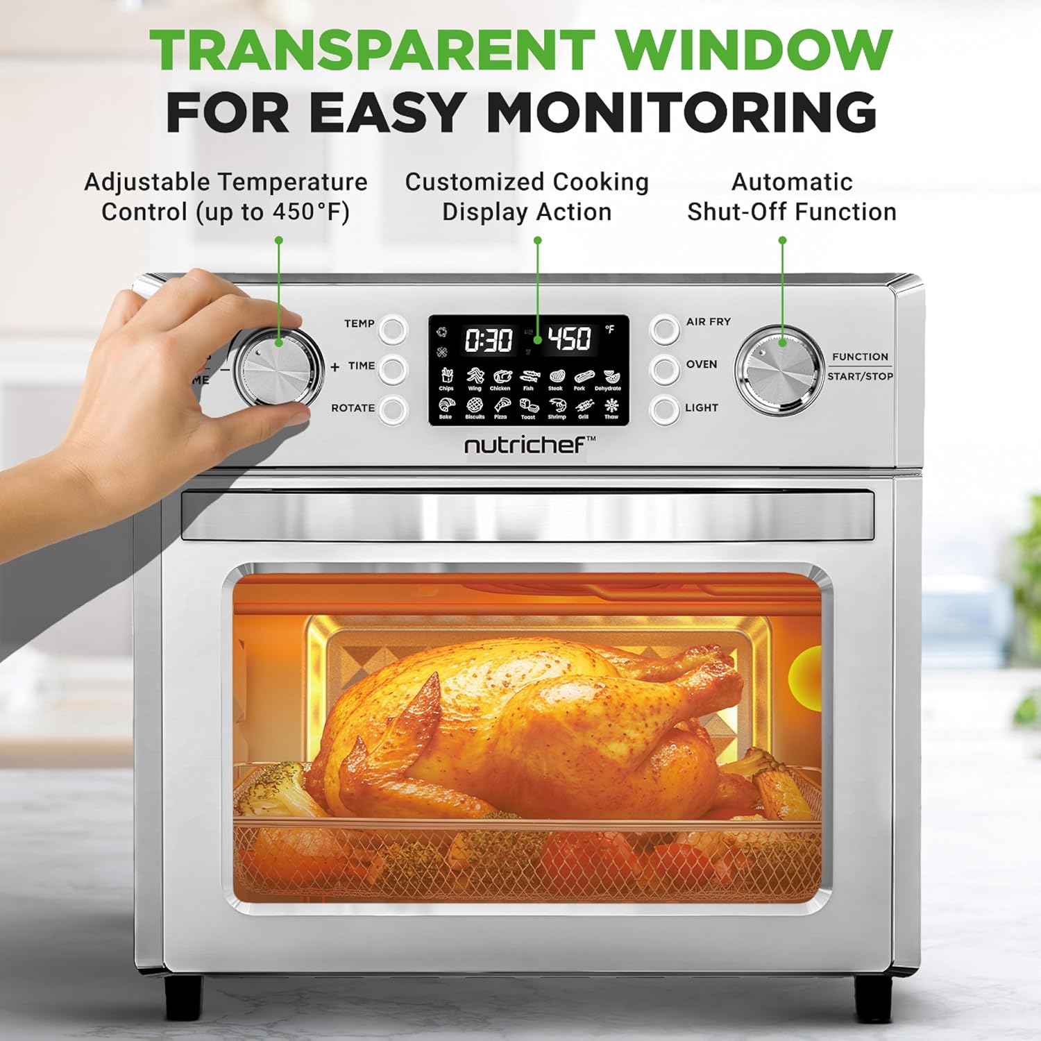 NutriChef 26QT Air Fryer Oven | Countertop Convection Toaster & Air Fryer | 360° Rotisserie Feature | 10 Digital Presets | Includes Drip Tray, Air Frying Basket & Bake Rack 15x16x14 | Stainless Steel