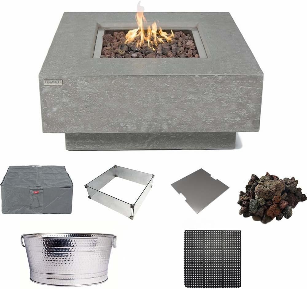 Elementi Manhattan Fire Pit Bundle Outdoor Firepit 36” Natural Gas Firepit Table, Glass Windscreen, Stainless Steel Cover, Canvas Cover, Floor Mat and Beverage Tub