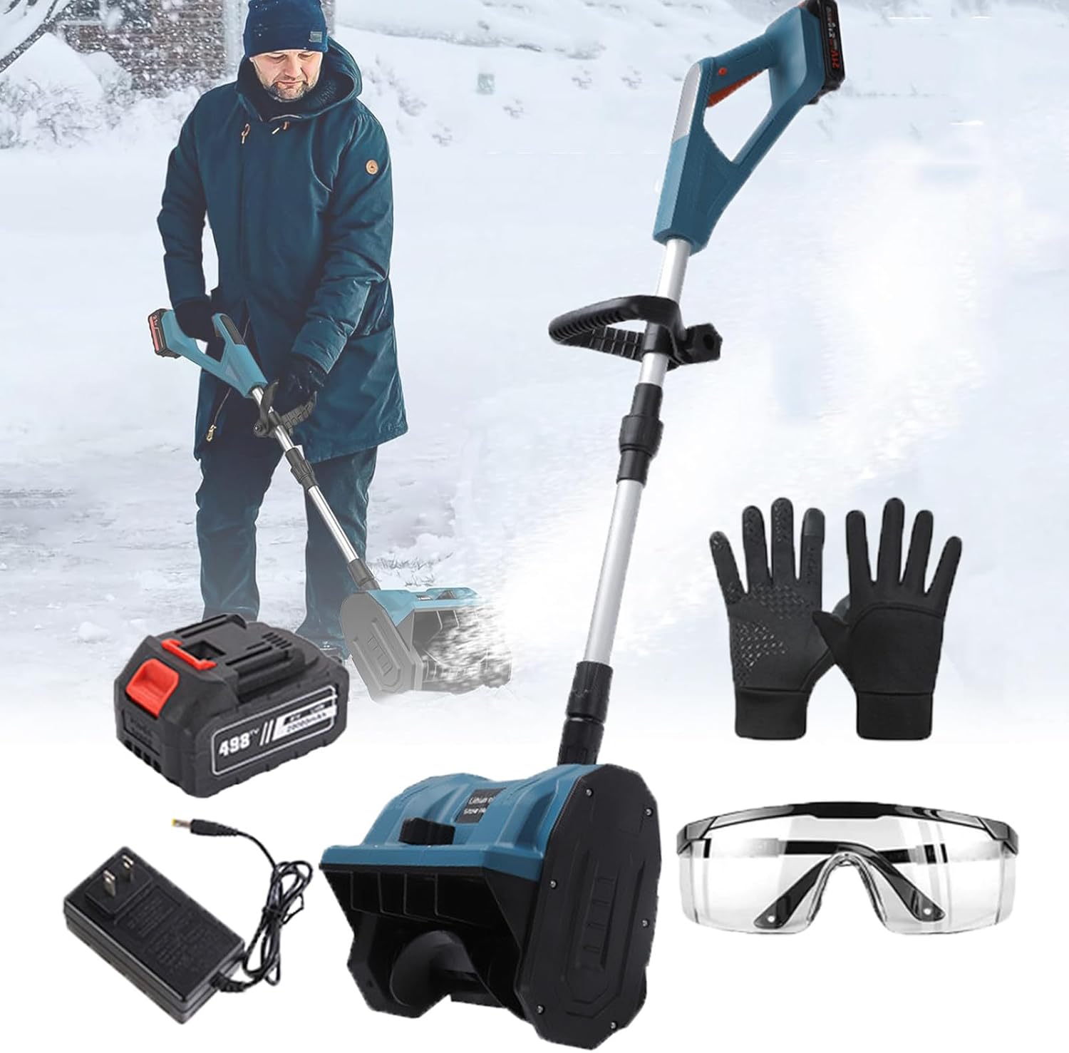 Home Cordless Electric Snow Shovel, Retractable Snow Blower Thrower & Adjustable Front Handle, Battery Powered Snow Shovel for Driveway,Blue-1Battery