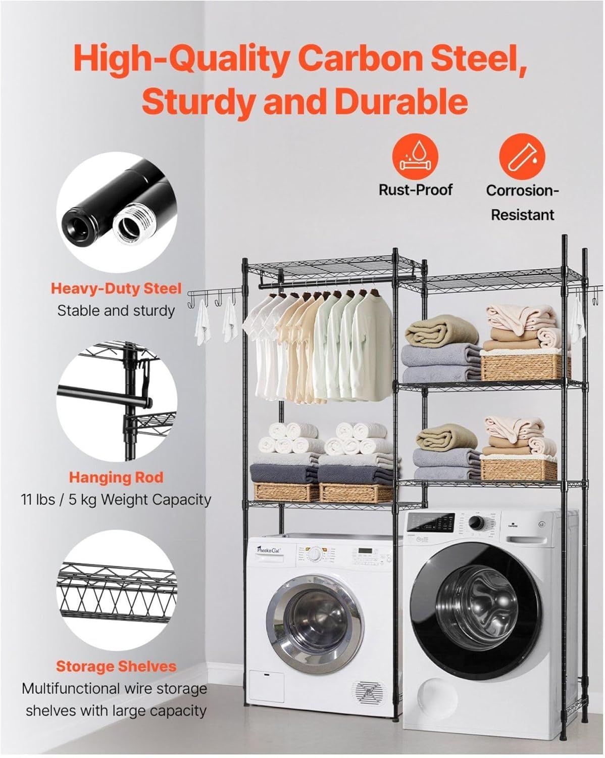 Over The Washer and Dryer Storage Shelf, 5 Tier Laundry Room Drying Rack with Hanger Rod and Hooks, Adjustable Over Washer and Dryer Shelves, Laundry Room Shelf Storage Space Saver, Black