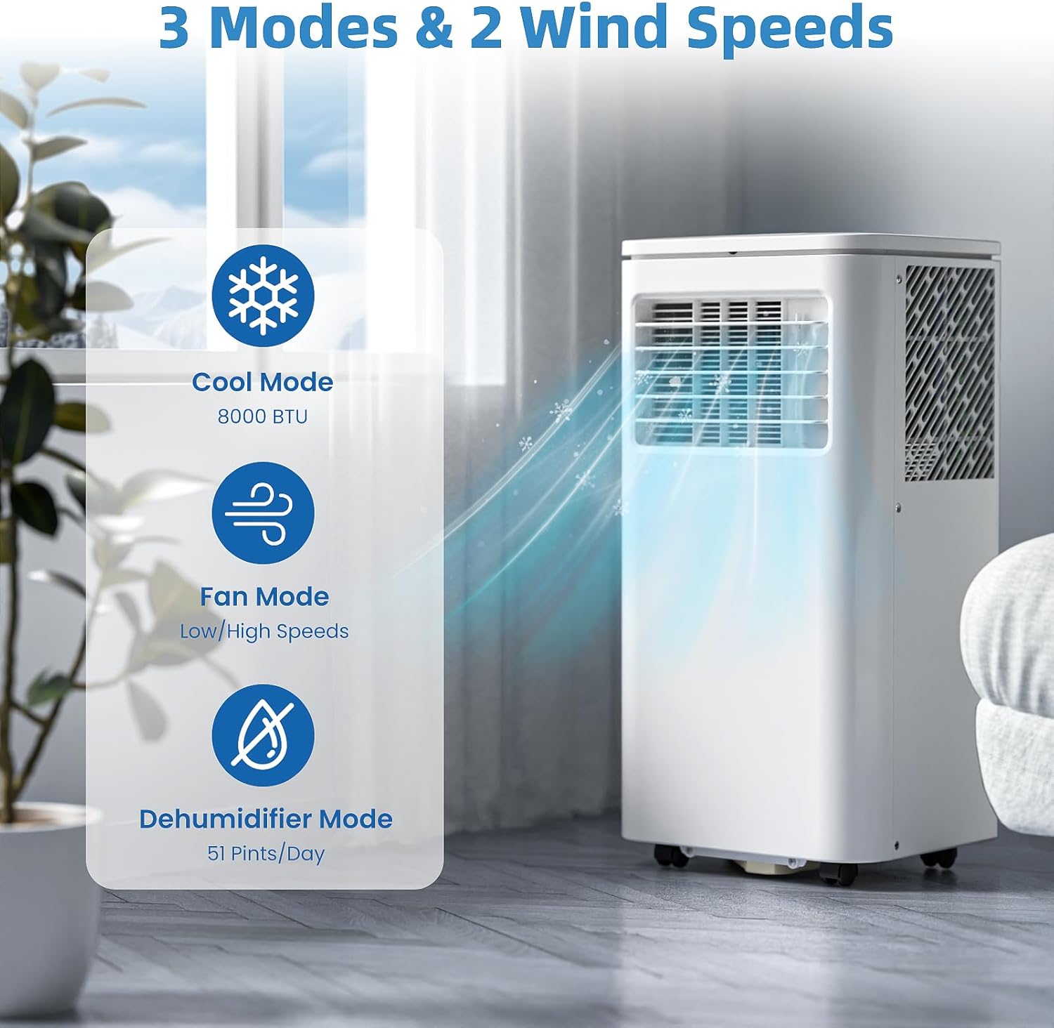 3-in-1 Portable Air Conditioners，8000BTU Portable AC Units Cools 350 Sq.Ft. with 24H Timer Remote Control，Easy Install Kit for Bedroom, Office, Dorm