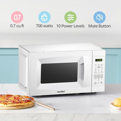 COMFEE' EM720CPL-PM Countertop Microwave Oven with Sound On/Off, ECO Mode and Easy One-Touch Buttons, 0.7 Cu Ft/700W, Pearl White