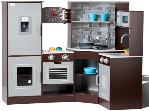 VEVOR Interactive Wooden Toy Play Kitchen Playset for Kids with Lights and Sounds, Corner Design with Ice Maker, Oven, Sink, Clock, Microwaves, Refrigerator and Accessories, for Girls & Boys, Brown