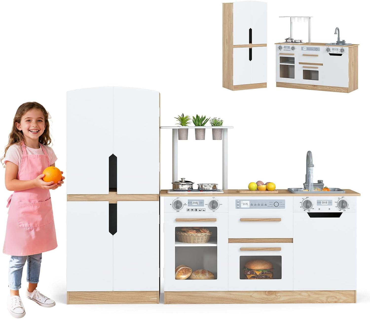 Costzon Kids Kitchen Playset, 2 Piece Wooden Modular Toy Play Set w/Running Water, Sound & Light, Fridge, Dishwasher, Microwave, Oven, Pretend Play Kitchen for Kids Ages 3+ (Natural + White)