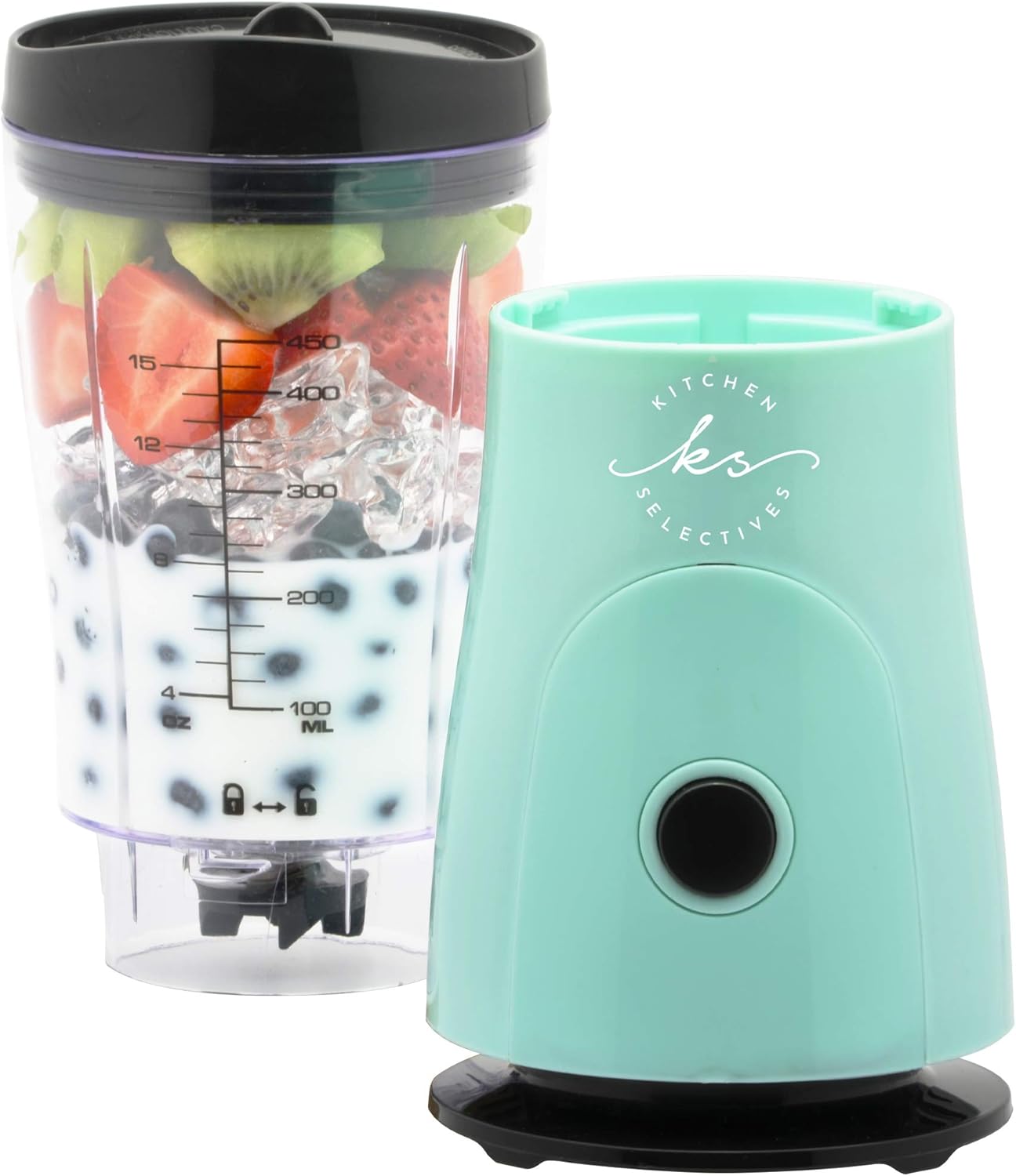 Kitchen Selectives 14-Ounce Mini Blender Color Series - Personal, Portable Blender for Fruit Smoothies & More - With Powerful Stainless Steel Blade & Drink Lid - Mint Green