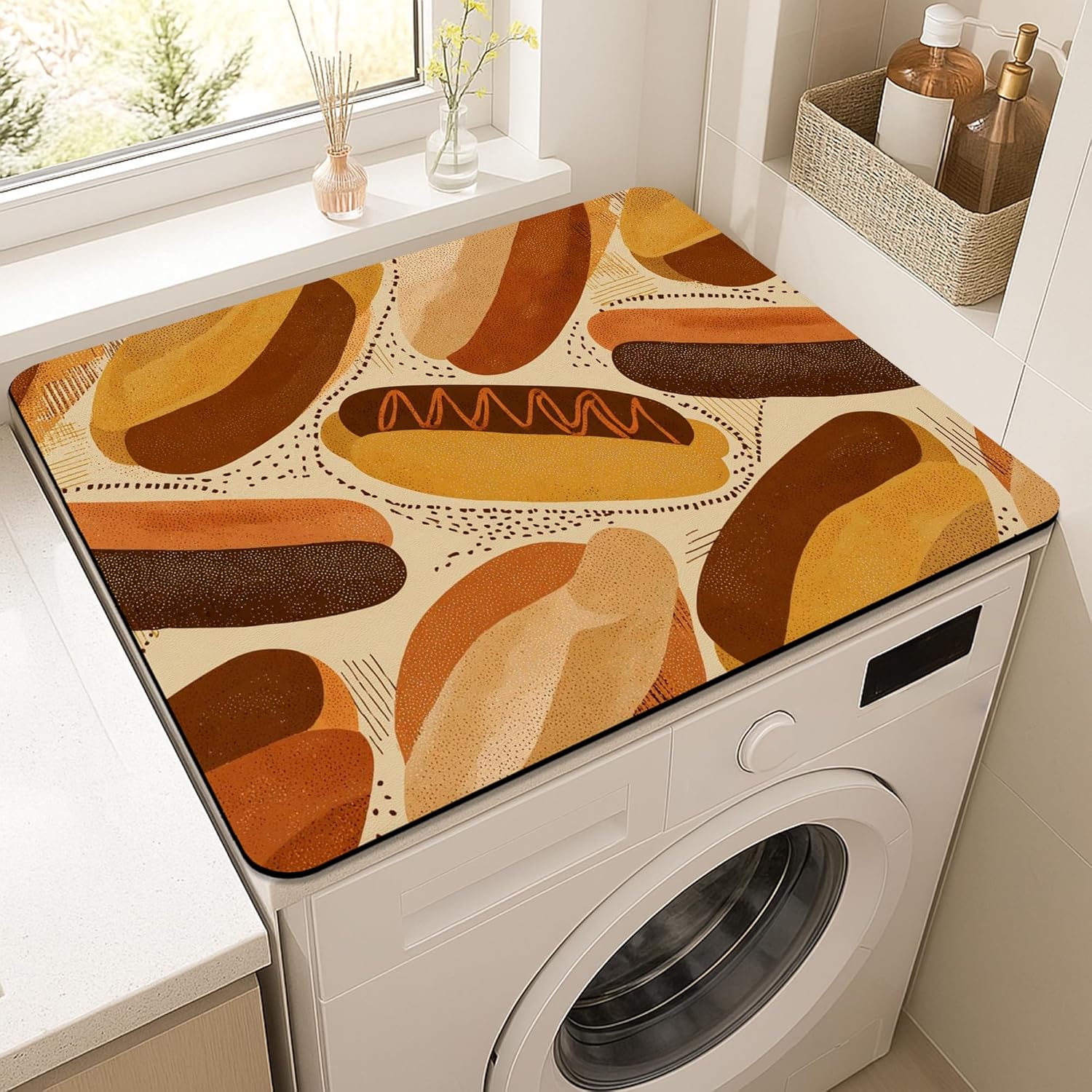 Retro Hot Dog Washer Dryer Top Protector Mat, Vintage Bakery Style Anti-slip Waterproof Washing Machine Dust Covers for Laundry Room 20x24 Inch