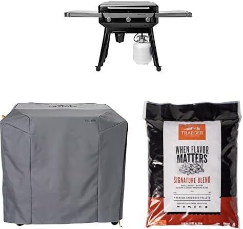 Traeger Grills Flatrock 33 Inch Flat Top Gas Griddle Bundle with Weatherproof Cover and 18 lb. Signature Blend Wood Pellets