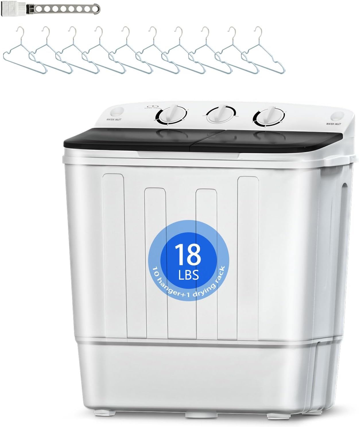 Portable Washing Machine, 18lbs Twin Tub (11+7lbs Washer/Spinner) with 10 Hangers and Drying Rack, for Powerful Stain Removal, Semi-Automatic Compact Washer for Dorms, Apartments, RVs(Black)